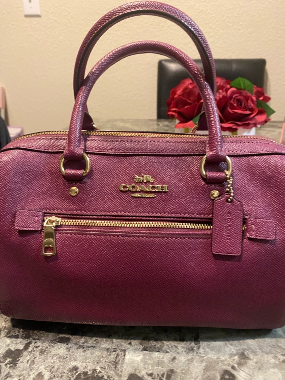 COACH Pebbled Leather Satchel in Plum with Gold Hardware